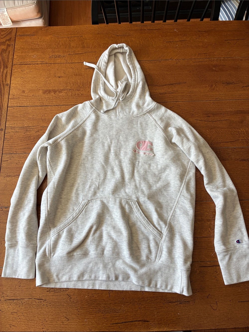 Champion Women's Light Gray Hoodie with Pink Logo